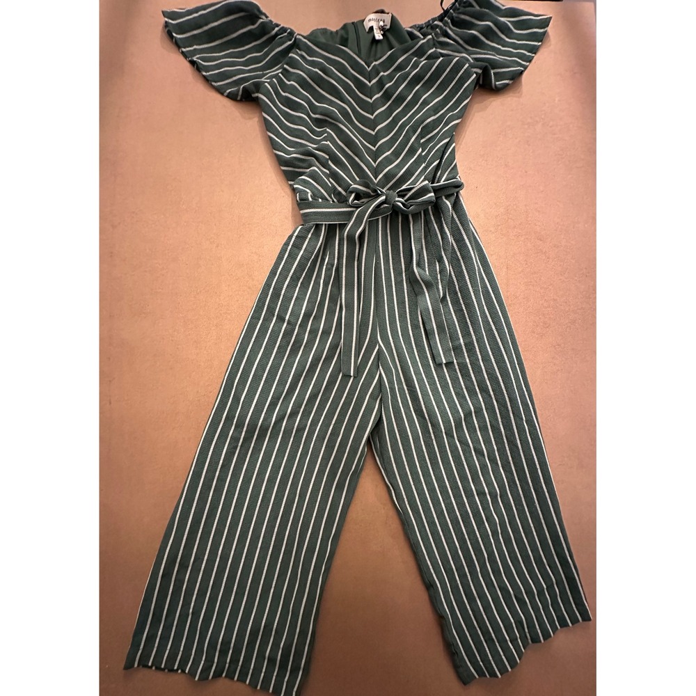 Monteau Womens Green Striped Off Shoulder Wide Leg Jumpsuit Size S Belted Lined - Picture 2 of 11